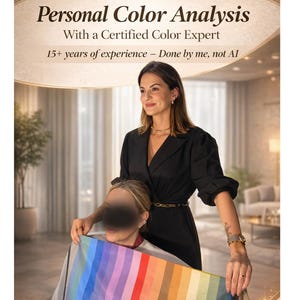 May include: Image promoting a personal color analysis service. A woman in a black outfit holds a color palette with a range of hues. Text reads "Personal Color Analysis" and "Discover the colors that truly enhance you."