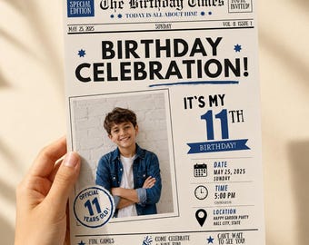 Newspaper Birthday Invitation Template | 11th Birthday Invitation | Editable Canva Birthday Invite | Boy Birthday Invitation | 10th | 9th |