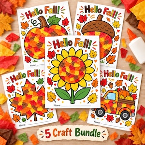 May include: A set of five Hello Fall craft activity sheets featuring a pumpkin, an acorn, a sunflower, a maple leaf, and a truck, each decorated with colorful tissue paper squares and including a space for a name to be written at the bottom.