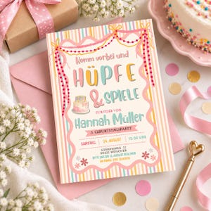 May include: A rectangular party invitation card with a pastel striped border, featuring pink scalloped frames, a small cake illustration, and German text announcing a 5th birthday party for Hannah M&uuml;ller on August 24th at 3:00 PM in Munich.