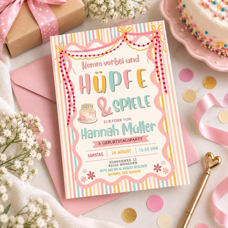 May include: A rectangular party invitation card with a pastel striped border, featuring pink scalloped frames, a small cake illustration, and German text announcing a 5th birthday party for Hannah M&uuml;ller on August 24th at 3:00 PM in Munich.