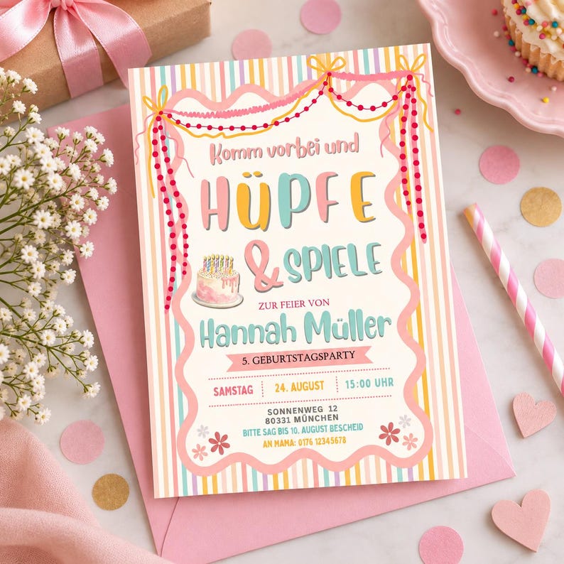 May include: A rectangular birthday invitation card featuring a pastel striped background with a scalloped border, pink bunting, and a small cake illustration. The text reads: Komm vorbei und H&Uuml;PFE & SPIELE ZUR FEIER VON Hannah M&uuml;ller 5. GEBURTSTAGSPARTY.