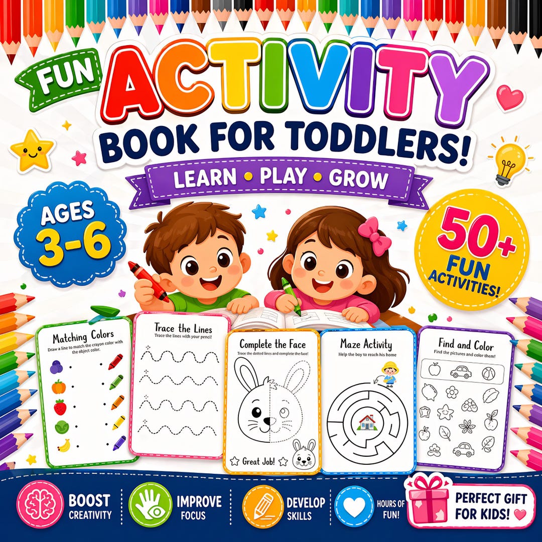Toddler Activity Book, Printable Preschool Learning, Ages 3-6