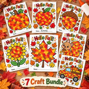 Könnte beinhalten: Ein Set aus sieben Bastelbögen mit herbstlichen Motiven wie Kürbis, Apfel, Eichel, Sonnenblume, Ahornblatt, Eichhörnchen und Lastwagen. Jedes Blatt zeigt den Text Hello Fall und eine Leerzeile für einen Namen.
