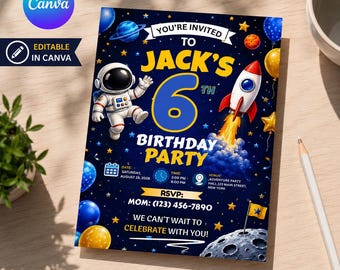 Editable Space Birthday Invitation Template, Boy Birthday Party Invite, Rocket Astronaut Birthday Invitation, Canva Editable Invite