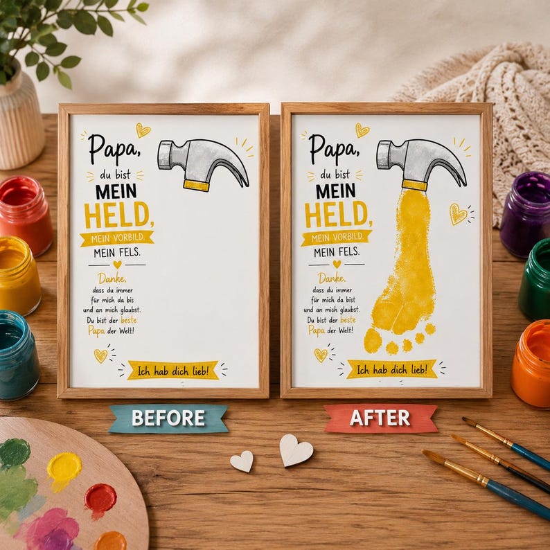 K&ouml;nnte beinhalten: Zwei gerahmte Drucke mit dem Text "Papa, du bist MEIN HELD" und einer Hammerillustration. Ein Druck zeigt einen Hammer, der andere einen gelben Fu&szlig;abdruck. Auf einer Holzoberfl&auml;che mit Farbe und Pinseln.