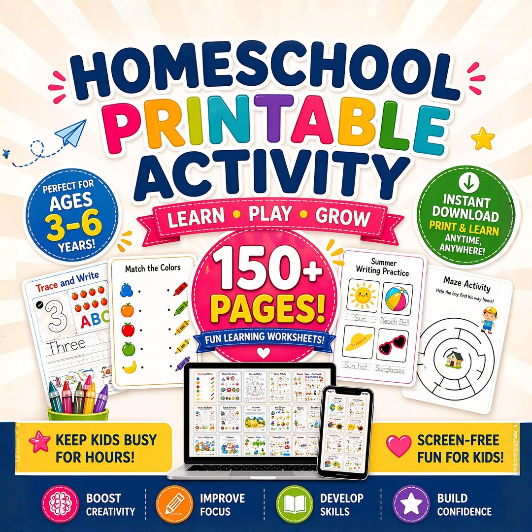Homeschool Printable Activity Bundle, Preschool Worksheets, Kids Busy
