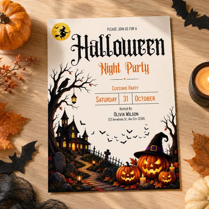 May include: A rectangular Halloween party invitation card featuring a haunted house, a stone path, a crow, bats, and three jack-o'-lanterns wearing a witch hat. The text reads: Please join us for a Halloween Night Party, Costume Party, Saturday 31 October, Hosted By: Olivia Wilson, 123 Anywhere St., Any City 12345.