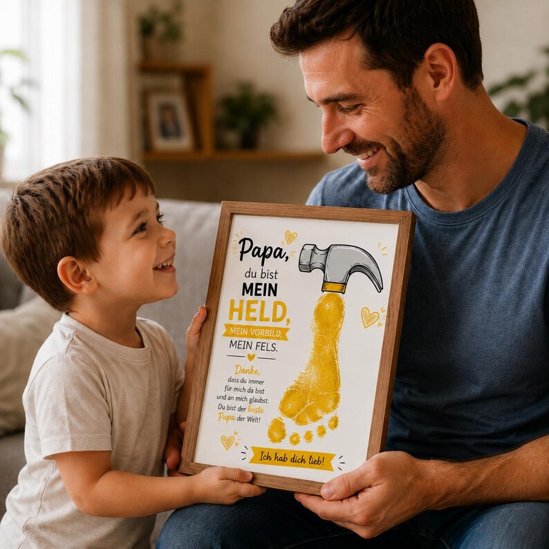 K&ouml;nnte beinhalten: Ein gerahmter Druck mit dem Text "Papa, du bist MEIN HELD" und einem gelben Fu&szlig;abdruck-Design. Der Druck enth&auml;lt auch den Text "Ich hab dich lieb!" und wird von einem Mann und einem Kind gehalten.