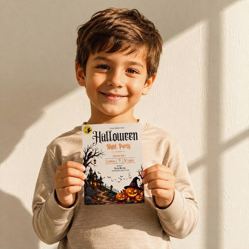 May include: A rectangular Halloween party invitation card featuring a haunted house, a winding path, jack-o'-lanterns, and a witch silhouette. The text reads: Please join us for a Halloween Night Party, Saturday 31 October, Hosted by Olivia Wilson.