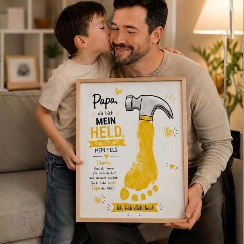 K&ouml;nnte beinhalten: Ein gerahmter Druck mit dem Text "Papa, du bist mein Held, mein Vorbild, mein Fels." Der Druck zeigt einen gelben Fu&szlig;abdruck und eine Hammerillustration. Der Druck wird von einem Mann und einem Kind gehalten.
