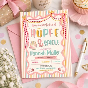May include: A rectangular birthday party invitation card featuring vertical stripes in pastel colors, a pink scalloped border, and a small cake illustration. The text reads: Komm vorbei und H&Uuml;PFE & SPIELE ZUR FEIER VON Hannah M&uuml;ller 5. GEBURTSTAGSPARTY.
