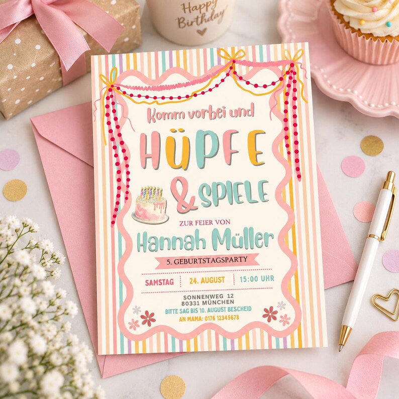 May include: A rectangular birthday party invitation card featuring vertical stripes in pastel colors, a pink scalloped border, and a small cake illustration. The text reads: Komm vorbei und H&Uuml;PFE & SPIELE ZUR FEIER VON Hannah M&uuml;ller 5. GEBURTSTAGSPARTY.