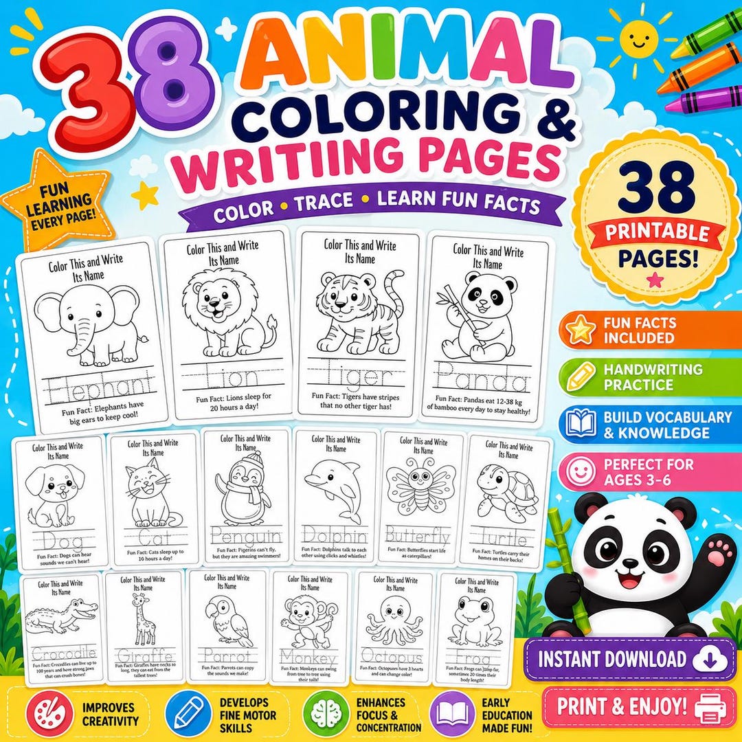 Animals Birds Sea Creatures Coloring Book, Fun Facts for Kids (digital ...