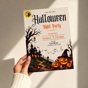 May include: A Halloween party invitation card featuring a haunted house, a winding path, a crow, bats, and three jack-o'-lanterns wearing a witch hat. The text reads: Please join us for a Halloween Night Party, Costume Party, Saturday 31 October.