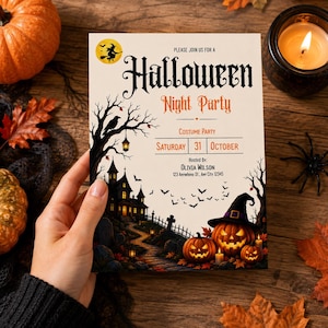 May include: A rectangular Halloween party invitation card featuring a haunted house, a path, bats, and jack-o'-lanterns. The text reads: Please join us for a Halloween Night Party, Costume Party, Saturday 31 October, Hosted By: Olivia Wilson, 123 Anywhere St., Any City 12345.