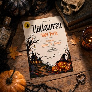 May include: A rectangular Halloween party invitation card featuring a haunted house, a graveyard, and three jack-o'-lanterns. The text reads: Please join us for a Halloween Night Party, Costume Party, Saturday 31 October, Hosted by: Olivia Wilson.
