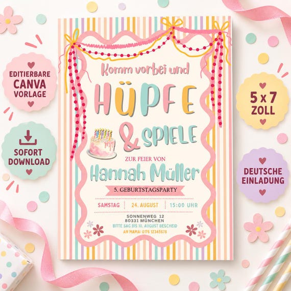 Einladung Kindergeburtstag Mädchen | 5. Geburtstag | Canva Vorlage Deutsch | Pastell Geburtstagsparty Einladung | Editierbar