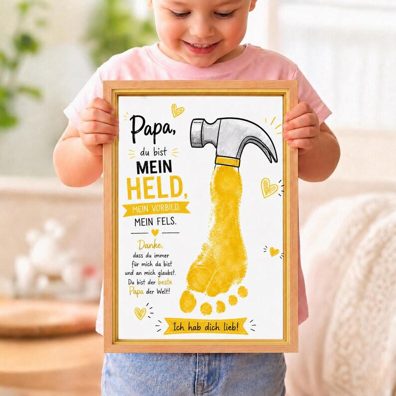 K&ouml;nnte beinhalten: Ein gerahmter Druck mit Holzrahmen, der von einem Kind gehalten wird. Der Druck zeigt einen gelben Fu&szlig;abdruck, der den Griff eines Hammers bildet. Der Text lautet "Papa, du bist MEIN HELD" und "Ich hab dich lieb!"