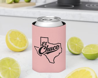 Enfriador de latas con el contorno de El Chuco (El Paso), Texas / Enfriador rosa con escritura en español