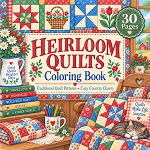 Könnte beinhalten: Ein Malbuch mit dem Titel Heirloom Quilts Coloring Book mit 30 Seiten. Das Cover zeigt einen Steppdecken-Hintergrund, einen Stapel aus fünf Büchern, einen Becher mit Buntstiften und eine schlafende Katze auf einem Stuhl. Der Text umfasst Good Quilts Brighter Days, Simple Joys, Homemade, Happier Days, Quilts, A Kinder World und Quilts Make Life Sweeter.