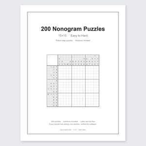 200 rompecabezas Nonogram de 15x15, libro de lógica visual de dificultad fácil a difícil con soluciones, PDF imprimible
