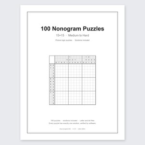 15x15 ノノグラムパズルブック、中級から上級レベルのグリッド100個と解答付き、印刷可能なPDF