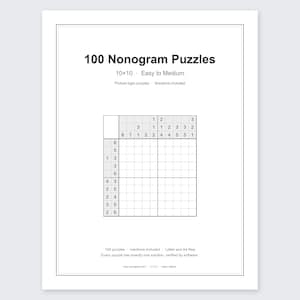 10x10 nonogram-pusselbok, 100 enkla till medelstora rutnät med lösningar, utskrivbar PDF