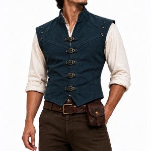 Flynn Rider Medeltida Cosplay Väst – Blågrön Renässanskostym med Läderbälte och Påse