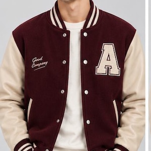 Men's Burgundy Cream Varsity Jacket, Retro Letterman Bomber, Chenille Patch