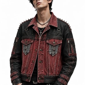 May include: A two-tone jacket featuring a distressed red denim centre panel and black leather sleeves and collar. The garment includes silver metal spikes on the shoulders, multiple zipped pockets, button closures, and adjustable buckled straps.