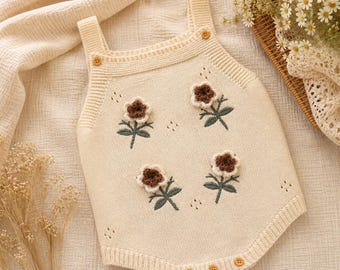 Pelele floral para bebé, conjunto de verano para niña, ropa de bebé tejida a mano, conjunto para sesión de fotos de bebé, regalo para recién nacido, conjunto de bebé estilo cottagecore