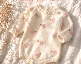Baby Girl Romper 3M–2 Years | Knitted Baby Outfit Floral | Handmade Baby Clothes UK | Toddler Romper Girl | Baby Shower Gift Girl