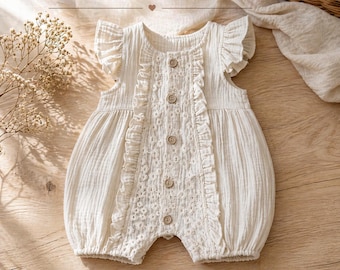 Baby Girl Lace Romper, Newborn Summer Outfit, Vintage Style Baby Clothes 1-18 Months, Baby Shower Gift, Neutral Baby Outfit