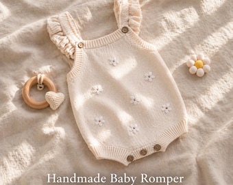 Handgemaakte romper voor babymeisje, gebreide babyoutfit met bloemen, jumpsuit pasgeboren peuter 3 M-24 m, kraamcadeau, zachte zomerbabykleding