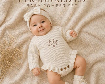 Personalisierter Baby Strampler Set, Strick Baby Outfit mit Name, Neugeborenen Geschenk Junge oder Mädchen, Baby Shower Geschenk 0-18 Monate, Individuelle Babykleidung