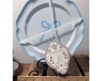 Set 4 Blue Bow 8.5" Salad Dessert Plates Coquette Melamine Shabby Chic