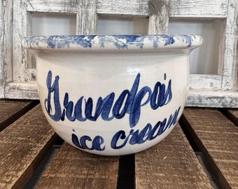 Vintage Grandpa's Ice Cream Stoneware 6.5" W Bowl Off White Blue Sponge ware