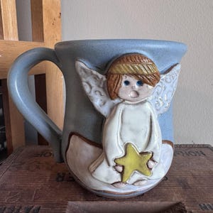 Mud Works Hand Thrown Pottery Angel Star Halo Blue Potbelly Mug image 1