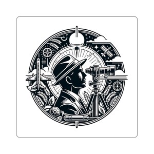 Könnte beinhalten: Schwarz-weißer Aufkleber mit einem Mann im Fedora, der ein Theodolit verwendet, umgeben von einem kreisförmigen Design mit Flugzeug, Satelliten und Zahnrädern. Das Design hat ein Vintage- und Wissenschaftsthema.