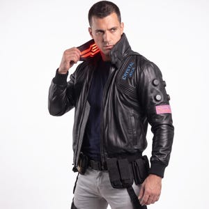 Cyberpunk V Samurai Black Leather Jacket LED Collar | Embroidered Patches Gaming Jacket