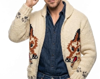 Cardigan in lana con stampa rustica di volpe, maglione da uomo lavorato a mano con zip, abbigliamento invernale