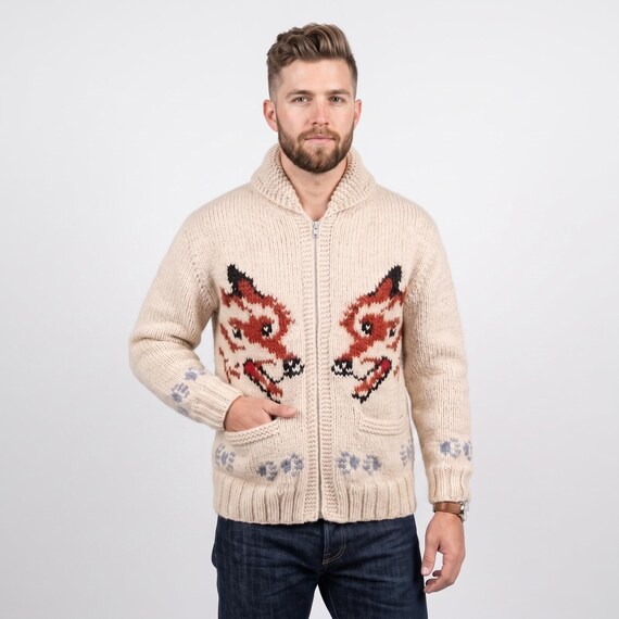 Rustic Fox Inspired Wool Cardigan, Men's Hand Knit Zip Sweater