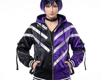 Tekken 8 Reina Mishima Cosplay Satin Jacke, Schwarz Lila Spielbekleidung