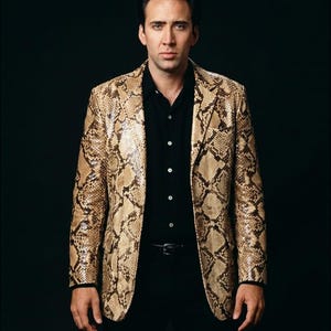 Goldene Jacke aus Kunstleder mit Pythonmuster, Wild At Heart Cosplay-Mantel