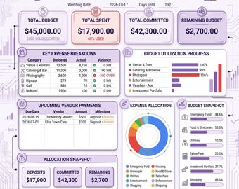 Ultimate Wedding Budget and Vendor Payment Tracker Spreadsheet | Digital Planner Dashboard