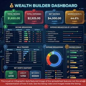 May include: A digital Wealth Builder Dashboard infographic featuring financial data tables, a donut chart, and progress bars. The interface displays sections for Total Income, Expenses, Bills Tracker, Net Worth, and Savings Goals with neon-style accents.