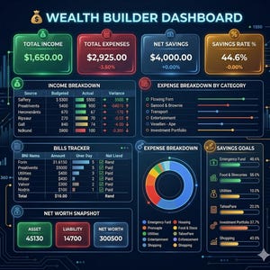 以下が含まれることがあります： 金融データ視覚化を備えたデジタルウェルズビルダーダッシュボード。総収入、支出、純貯蓄、貯蓄率を表示します。収入と支出の内訳、請求書トラッカー、貯蓄目標が含まれています。