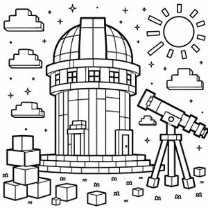 May include: A black and white line drawing of an observatory, featuring a domed roof, windows, and a telescope. The image includes clouds, stars, and a sun. Cubes and the letter "W" are scattered around the base of the observatory.