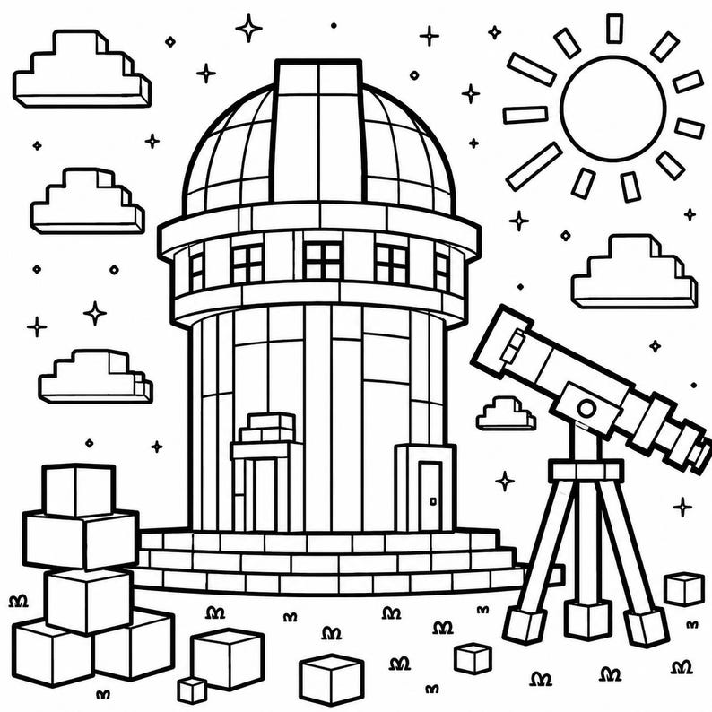 May include: A black and white line drawing of an observatory, featuring a domed roof, windows, and a telescope. The image includes clouds, stars, and a sun. Cubes and the letter "W" are scattered around the base of the observatory.